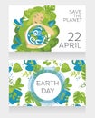 Two cards  for Earth Day with natural woman hugging our planet Royalty Free Stock Photo